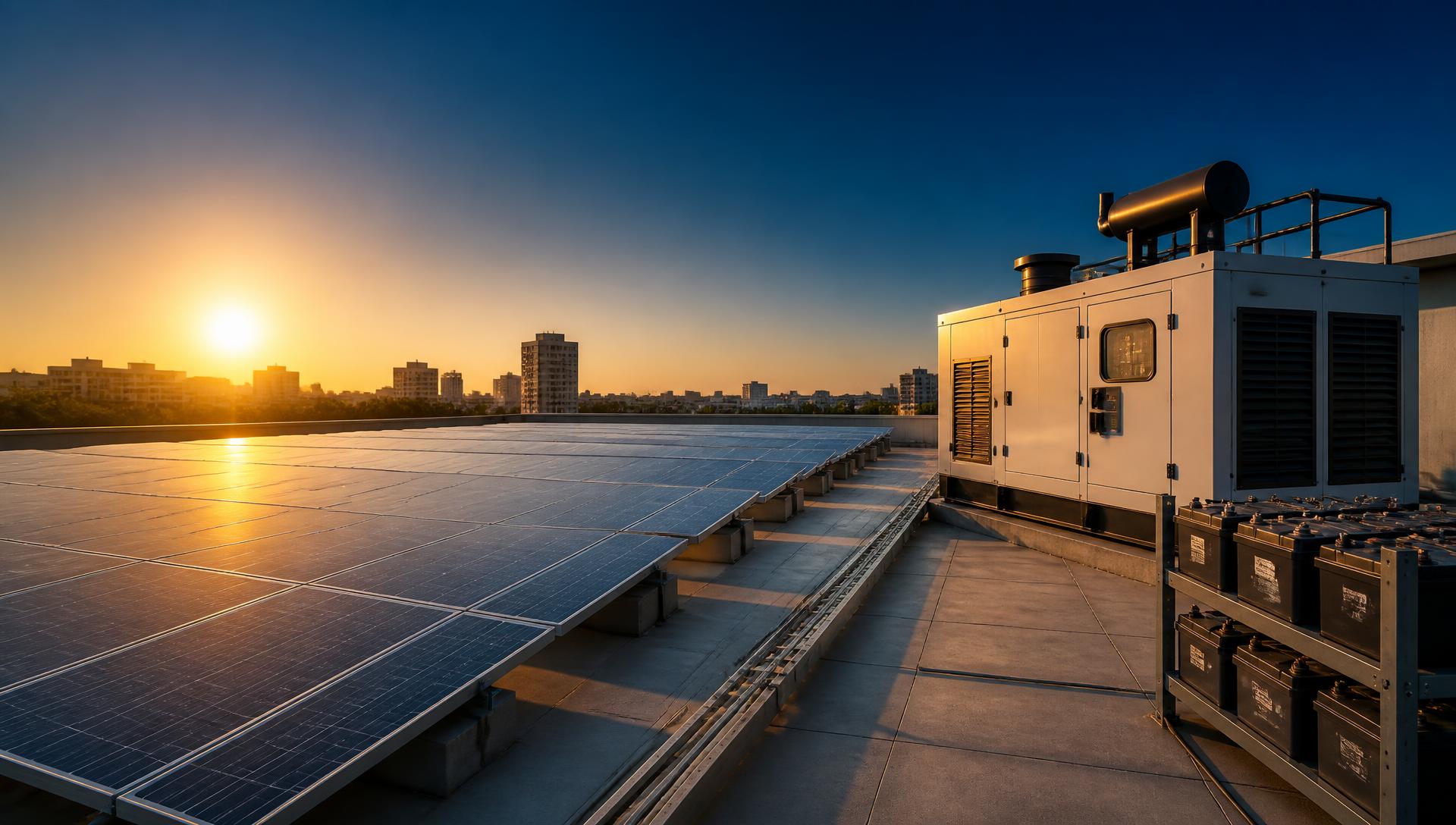 Rooftop solar array beside an industrial diesel generator and battery bank at sunset